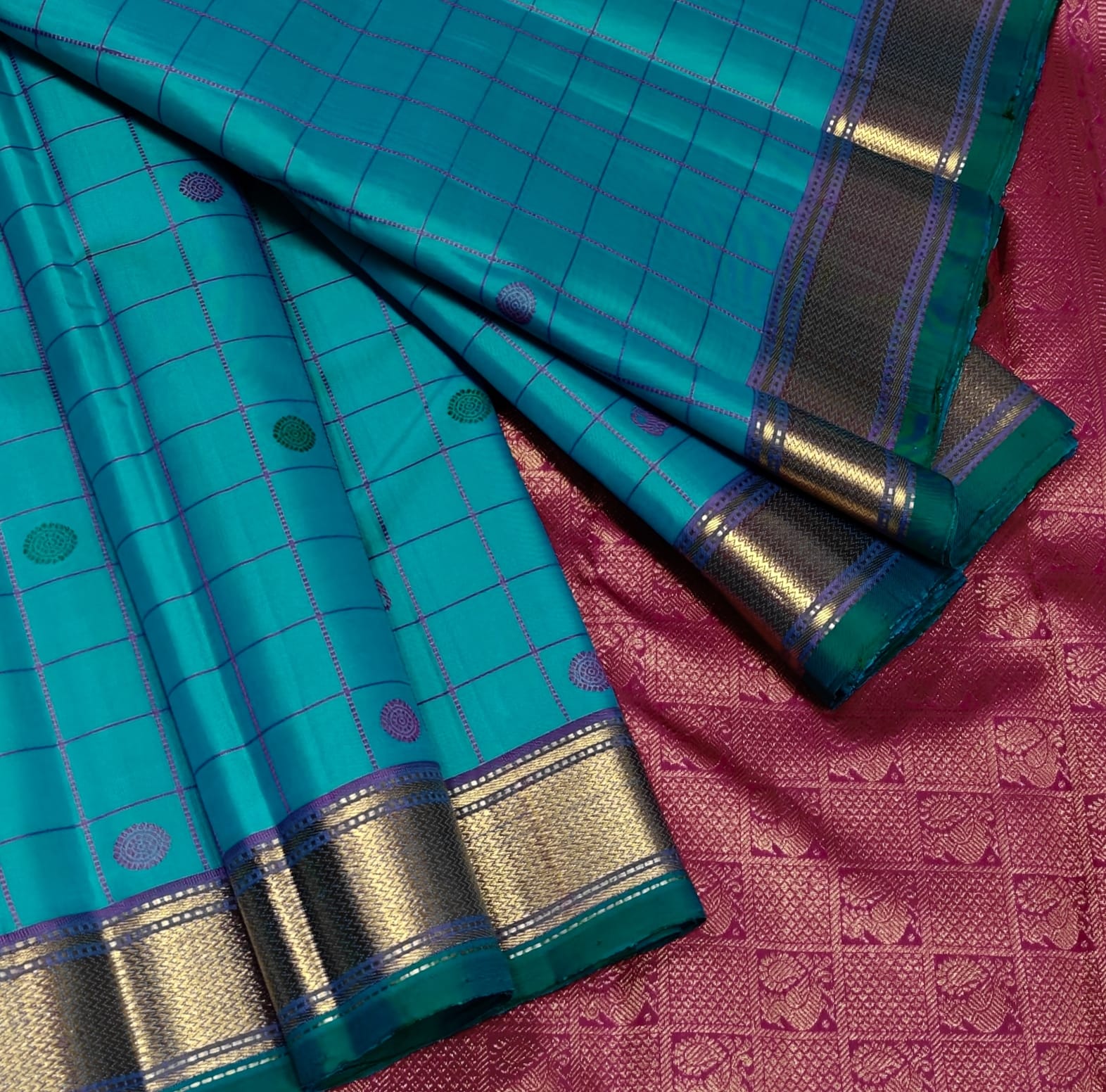 Turquoise Blue Kanjivaram Silk Saree with Magenta Border